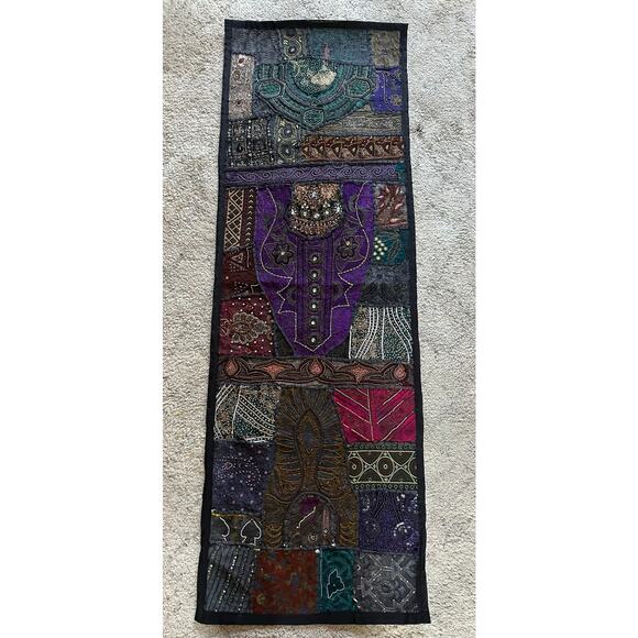 Vintage beaded tapestry wall hanging vertical dark beaded ethnic bohemian 20x60” - Picture 2 of 16